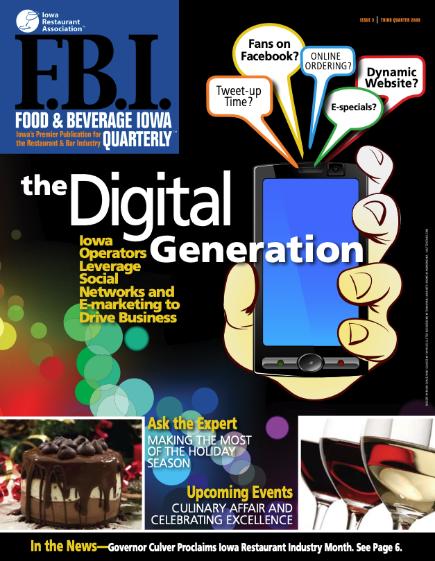 Cover of Food & Beverage Iowa Quarterly magazine featuring headline ‘The Digital Generation’ with smartphone and social media icons.